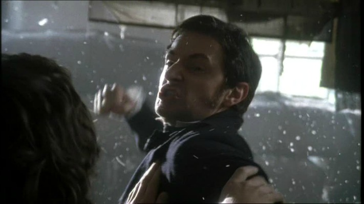 Movie still of John Thornton punching a mill worker, from the 2004 North and South