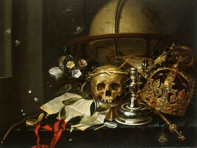 Vanitas painting by Hendrick Andriessen with globe, skull, bubbles, candlestick, crown, and other vanitas symbols