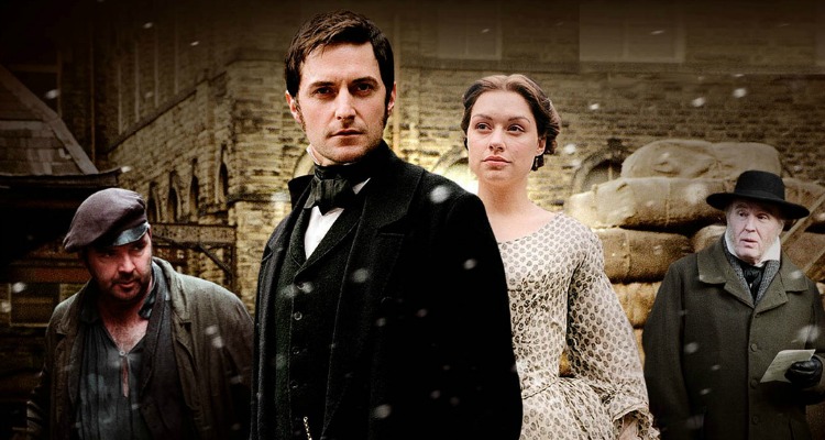 Promotional image of Nicholas Higgins, John Thornton, Margaret Hale, and Mr. Hale in the BBC North & South