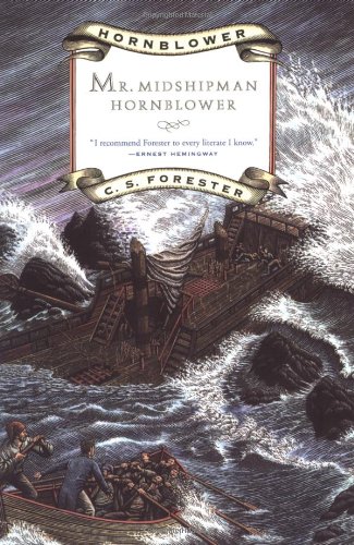 Book cover of Mr. Midshipman Hornblower by C. S. Forester - illustration of a shipwreck in a stormy sea
