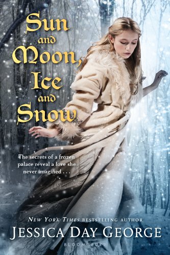 Book cover of Sun and Moon, Ice and Snow by Jessica Day George - blonde girl in a white robe running in a snowy forest