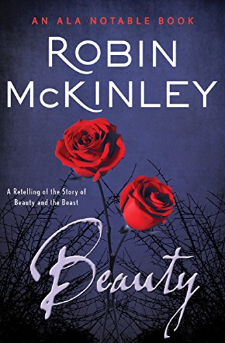 Book cover of Beauty by Robin McKinley - thorns and red roses against a purple backdrop