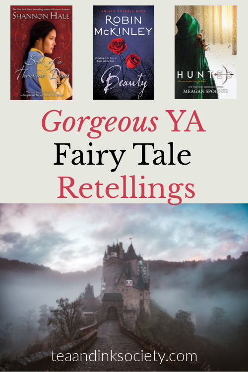 Picture collage of fairy tale castle and book covers of fairy tale retellings from popular authors