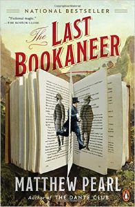 Cover of The Last Bookaneer by Matthew Pearl - open book with Victorian characters jumping through the pages