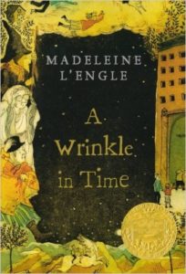 Book cover of A Wrinkle in Time by Madeleine L'Engle - collage of characters and scenes described in the book