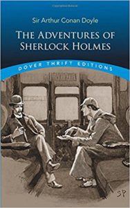 Dover Thrift cover of The Adventures of Sherlock Holmes by Conan Doyle - Sherlock and Watson talking on a train