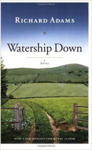 Book cover of Watership Down by Richard Adams - English downs with rabbit in the foreground by an open gate
