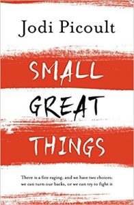 Small Great Things book cover - red and white striped background