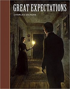 Great Expectations book cover - Estella lighting Pip down a dark hallway with a candle
