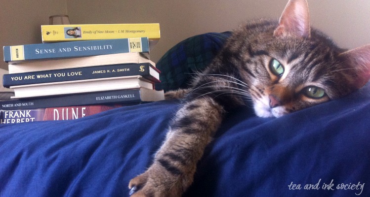 Green-eyed cat lounging on a bed next to a stack of books