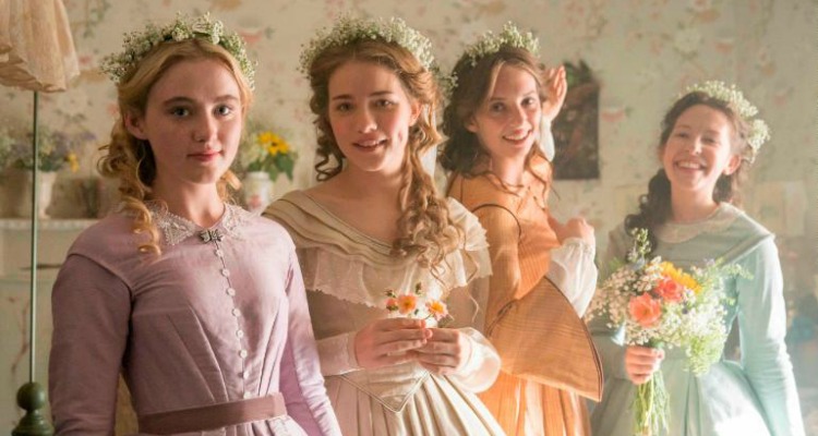 Movie still from the PBS Masterpiece Little Women - the March sisters dressed up for Meg's wedding