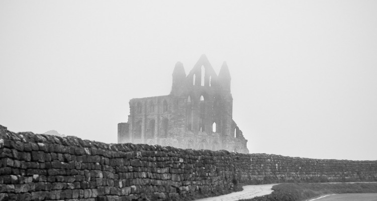 Black and white photograph of the misty ruins of an abbey