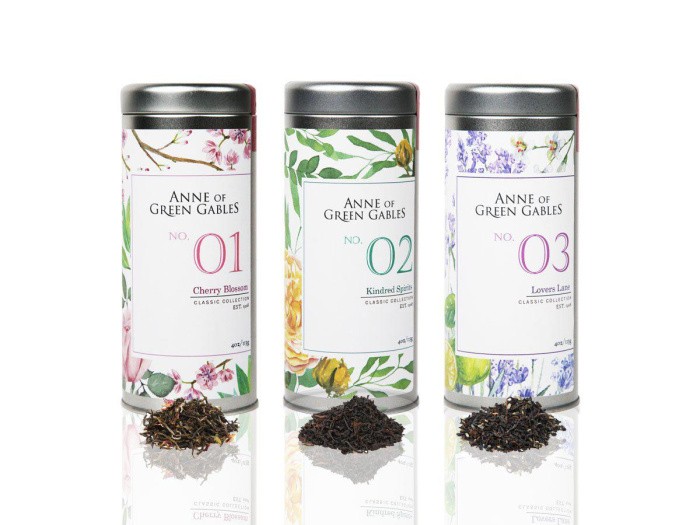 Three canisters of loose leaf tea with an Anne of Green Gables theme