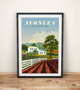 Travel poster inspired Avonlea art print - red road leading to Green Gables farm