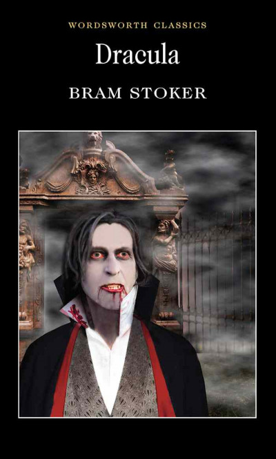 Ugly book cover for Dracula - pasty man with fake blood on collar