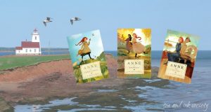 Tundra paperback editions of Anne of Green Gables series, on a Prince Edward Island landscape background