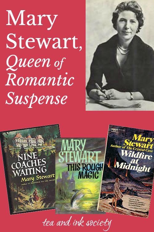 Collage with black-and-white photo of Mary Stewart and three novel covers