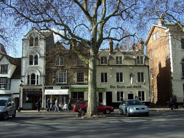 St. Giles Street in Oxford, row of buildings with cafe and Eagle and Child pub