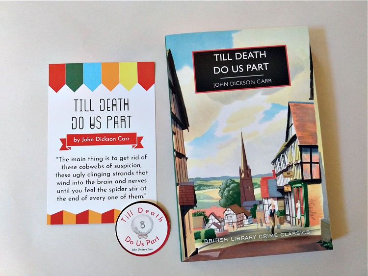 Paperback copy of Till Death Do Us Part, with coordinating sticker and postcard