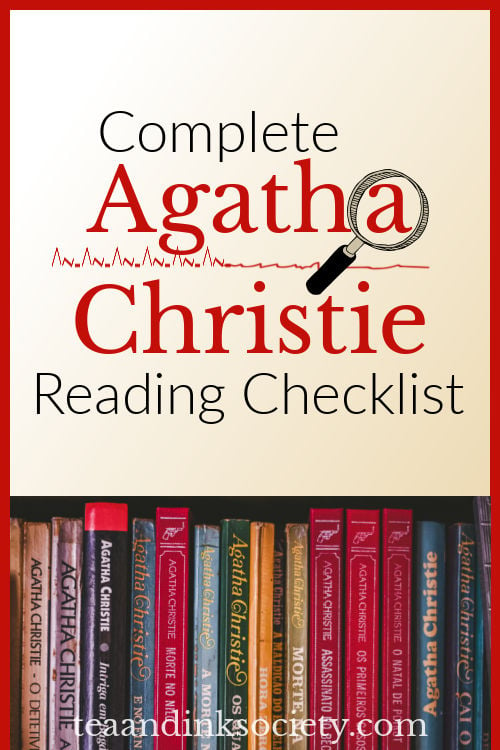 Row of Agatha Christie books on a shelf, with the words Complete Agatha Christie Reading Checklist overlayed on top.