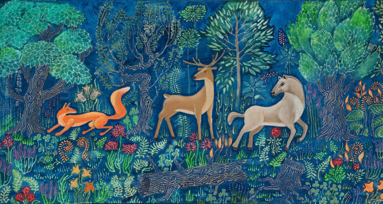 Russian fairy tale illustration of woodland animals