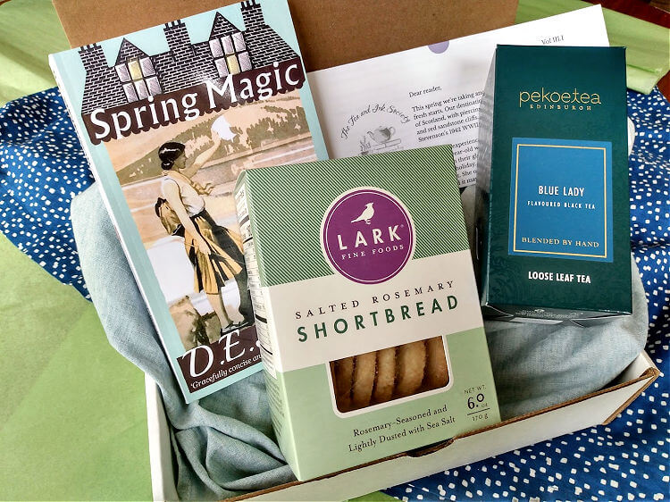 Book and tea subscription box featuring Spring Magic by D. E. Stevenson