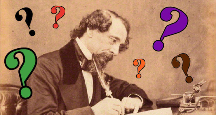 Sepia photograph of Charles Dickens writing with a quill pen, with colorful question marks superimposed around him.