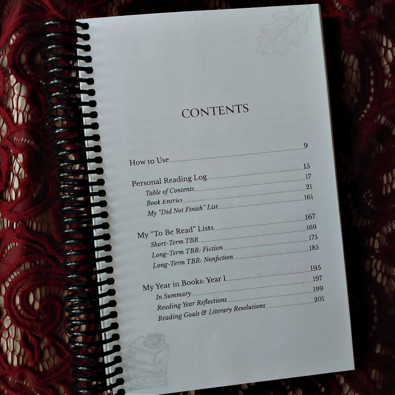 Reading journal table of contents page