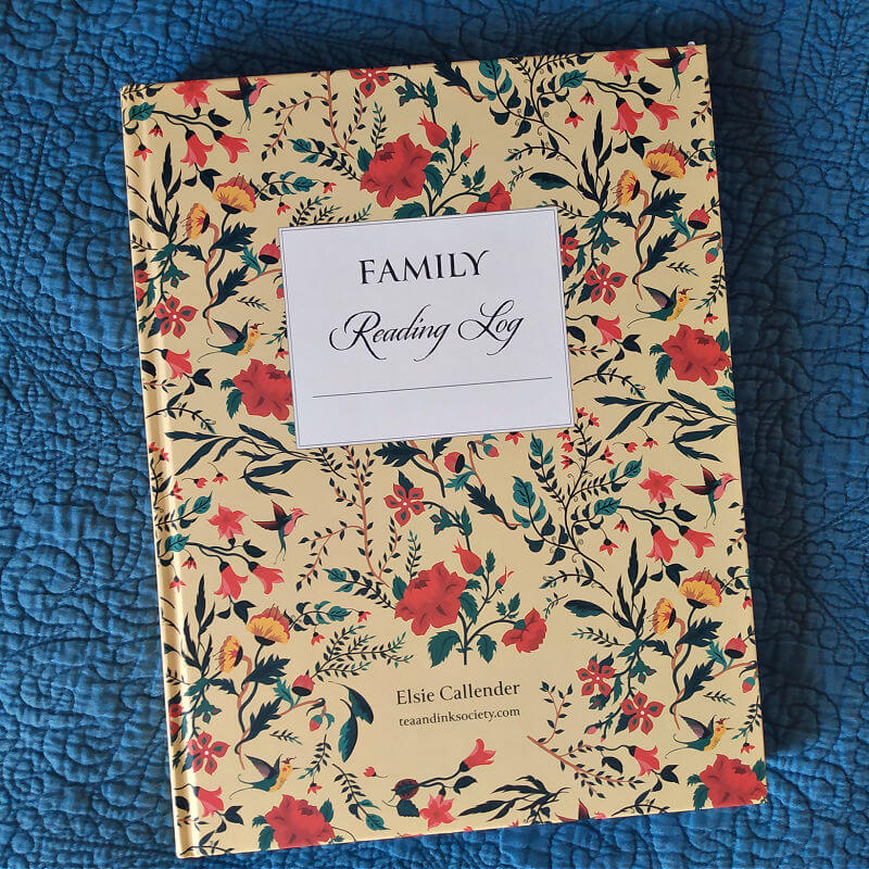 Hardcover Family Reading Log journal - yellow background with red, green, and blue botanical illustrations