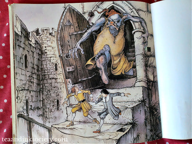 Alan Parry illustration from Dangerous Journey - Christian and Faithful running away from the giant at Doubting Castle