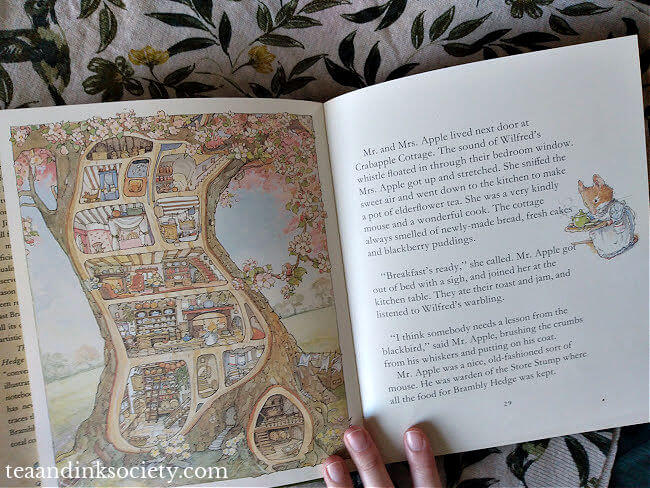 Interior painting by Jill Barklem in Brambly Hedge book - cutaway of mice home in a tree