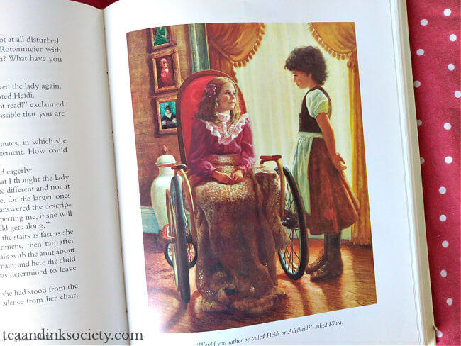 Interior painting by Ruth Sanderson for Heidi book - Heidi talking to Clara in her wheelchair
