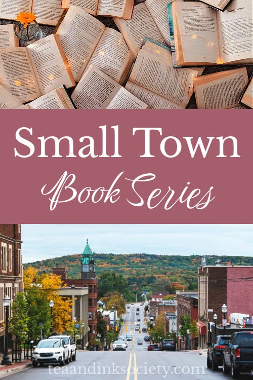 Collage with scattered books and an image of a small town, with the words "Small Town Book Series" written across.