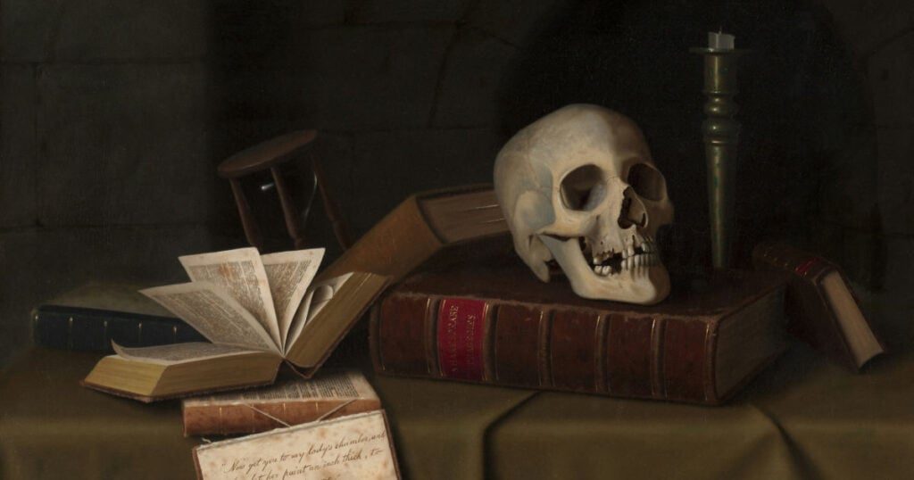 "Momento Mori" vanitas painting featuring books, candle, and human skull.