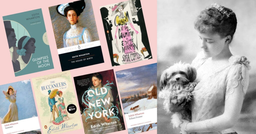 Black and white photograph of American novelist Edith Wharton, wearing an elegant gown and holding a small pet dog. Pictured with a collage of Edith Wharton books.